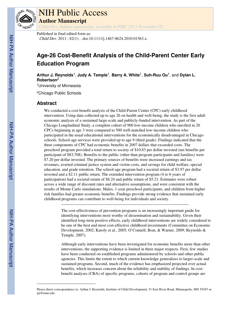 Pdf Age 26 Cost Benefit Analysis Of The Child Parent Center Early Education Program