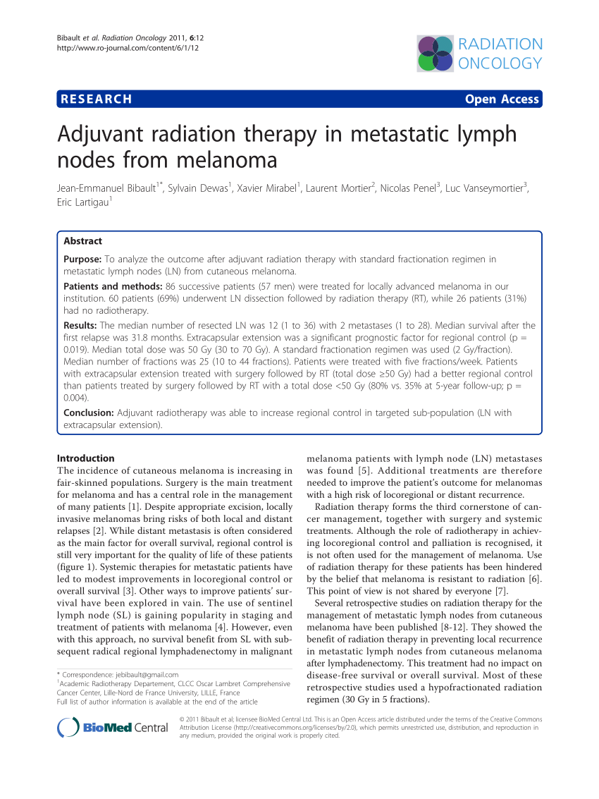 Pdf Adjuvant Radiation Therapy In Metastatic Lymph Nodes From Melanoma