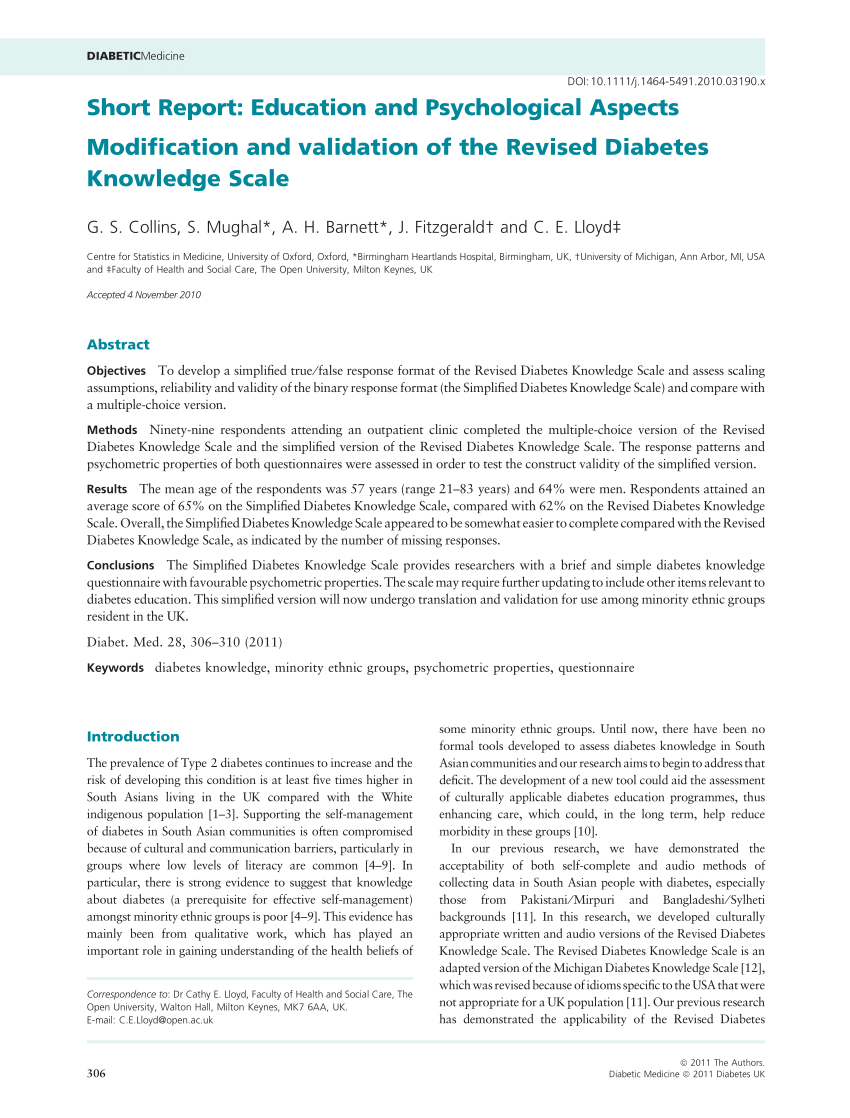 Pdf Modification And Validation Of The Revised Diabetes Knowledge Scale
