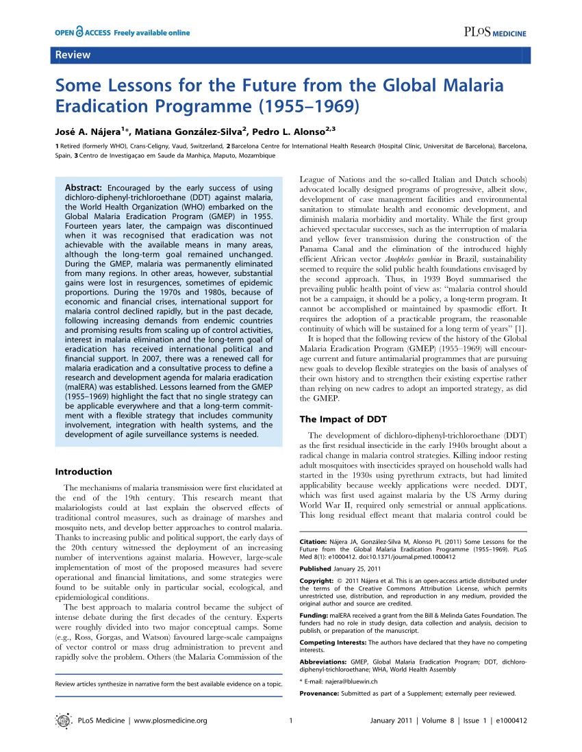 Pdf Some Lessons For The Future From The Global Malaria Eradication Programme 1955 1969