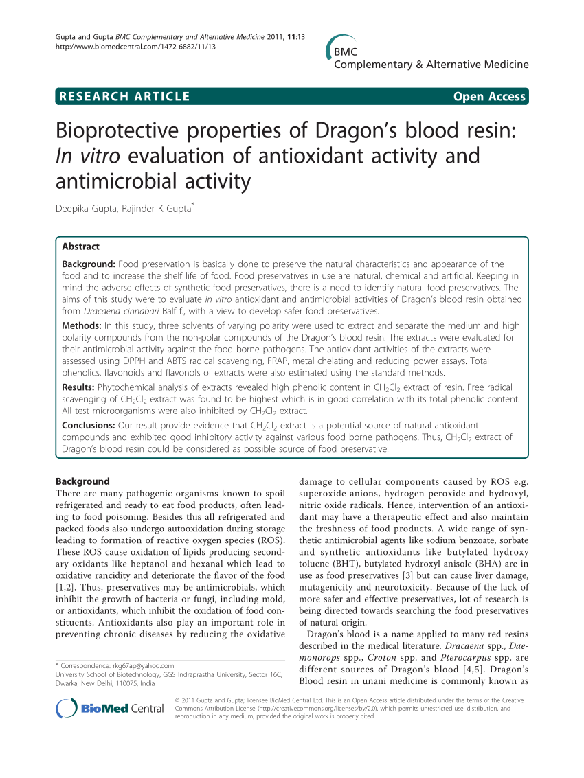 Pdf Bioprotective Properties Of Dragon S Blood Resin In Vitro Evaluation Of Antioxidant Activity And Antimicrobial Activity