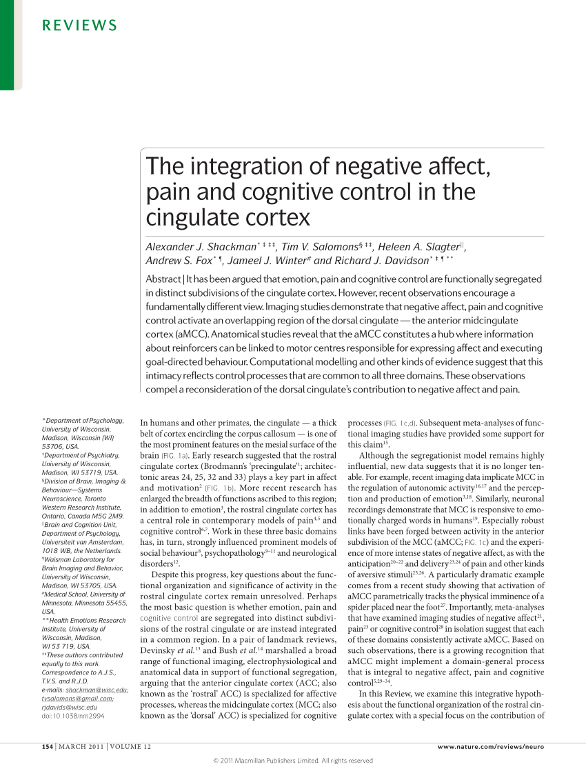 PDF) The Integration of Negative Affect, Pain, and Cognitive ...