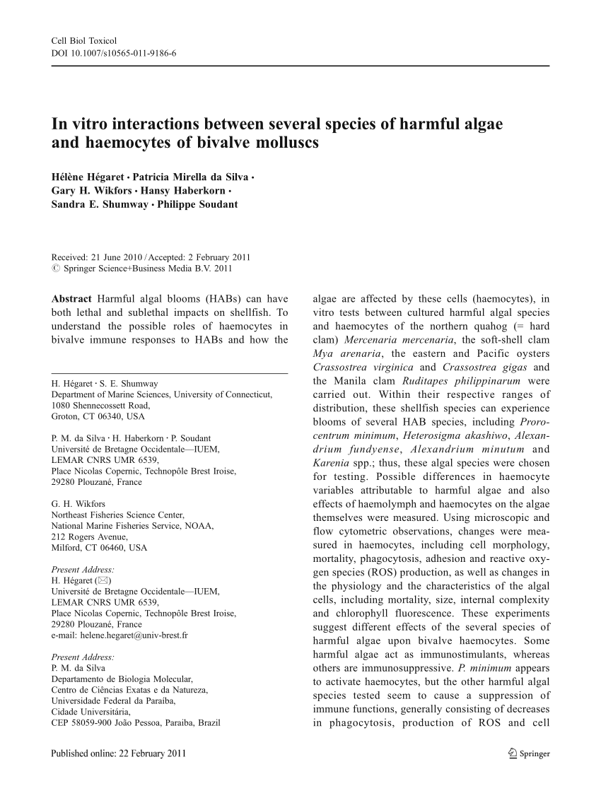 Pdf In Vitro Interactions Between Several Species Of Harmful Algae And Haemocytes Of Bivalve Molluscs