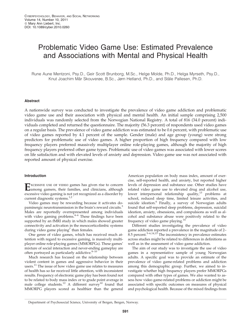 Pdf Problematic Video Game Use Estimated Prevalence And Associations With Mental And Physical Health