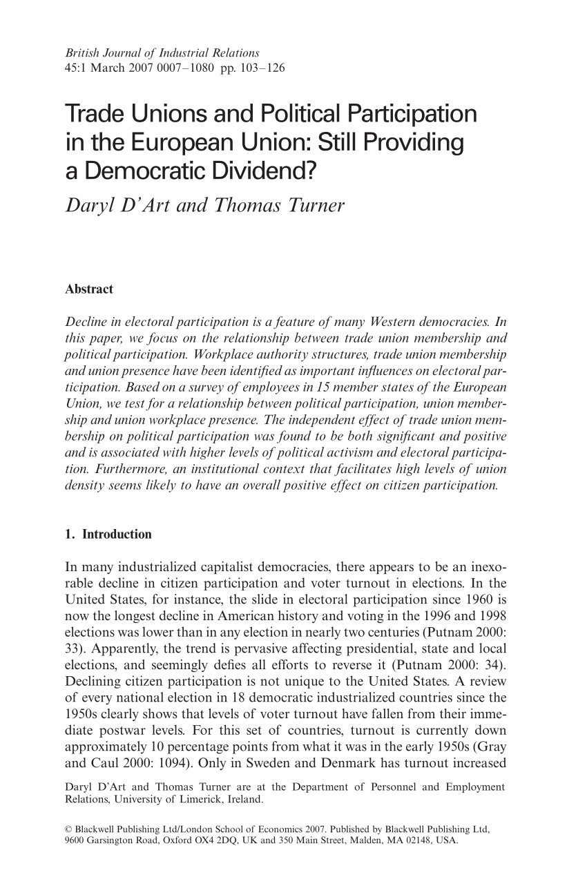 Pdf Trade Unions And Political Participation In The European Union Still Providing A Democratic Dividend