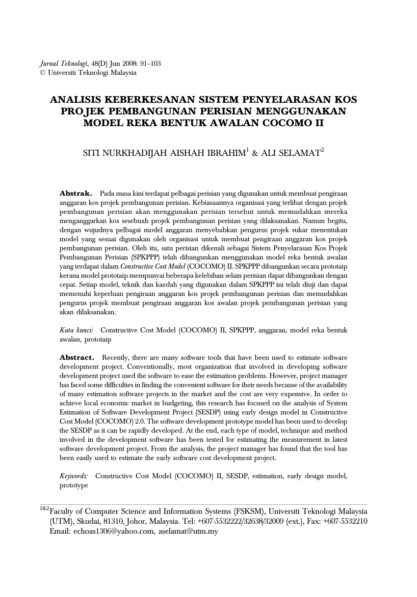 Pdf Analisis Keberkesanan Sistem Penyelarasan Kos Projek Pembangunan Perisian Menggunakan Model Reka Bentuk Awalan Cocomo Ii