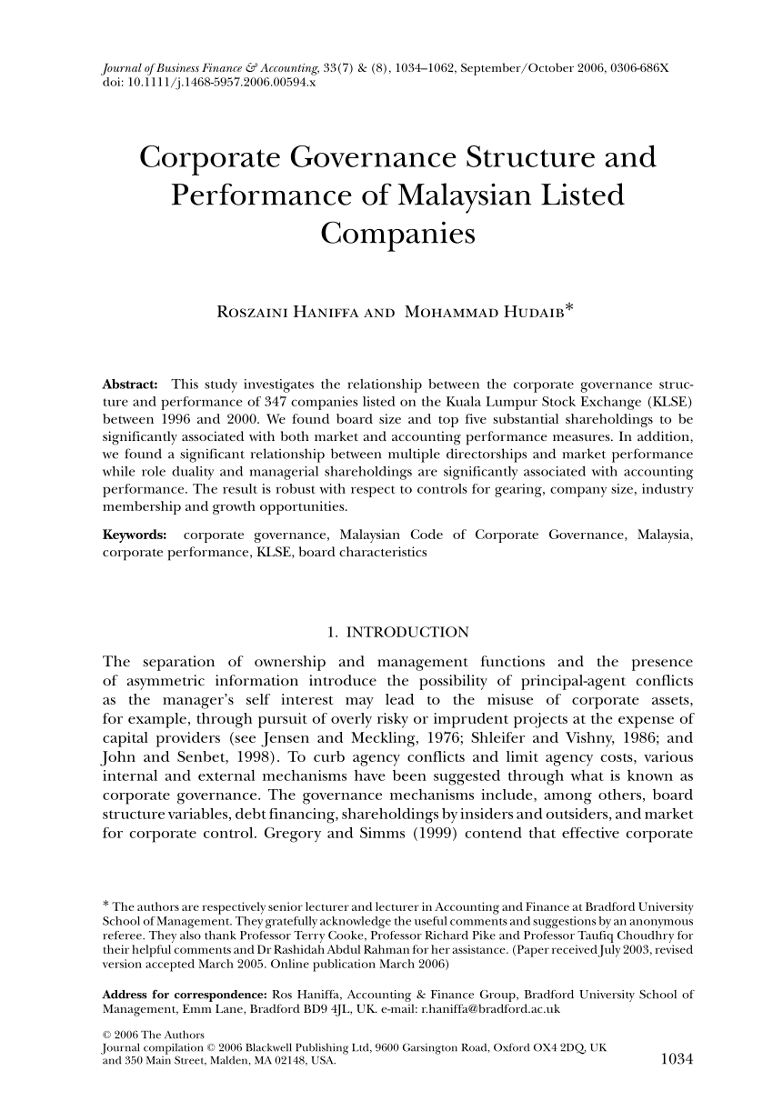 Pdf Corporate Governance Structure And Performance Of Malaysian Listed Companies