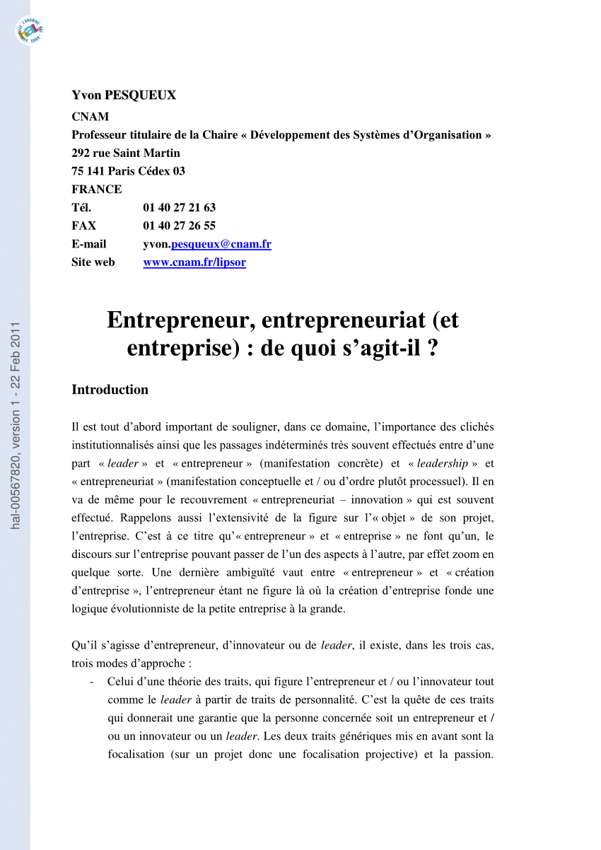 (PDF) Entrepreneur, entrepreneuriat (et entreprise)  de quoi s'agitil