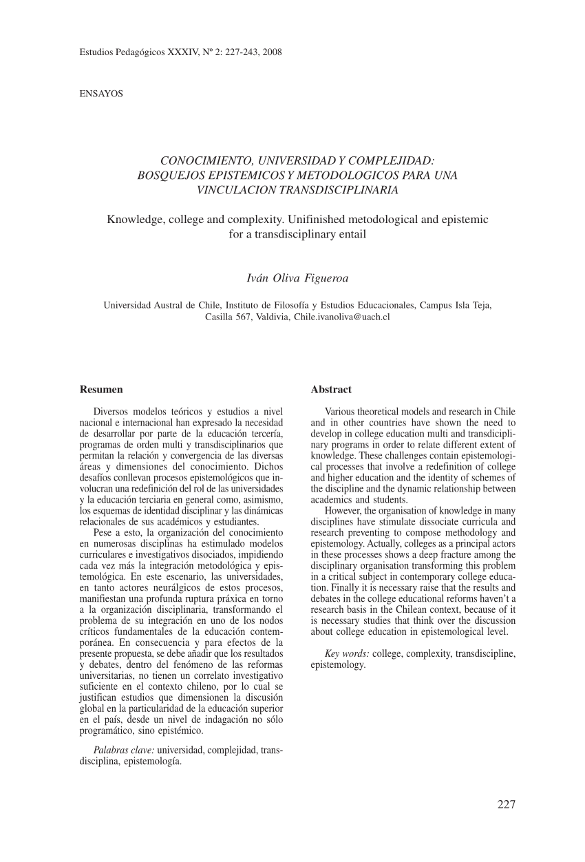PDF) CONOCIMIENTO, UNIVERSIDAD Y COMPLEJIDAD: BOSQUEJOS EPISTEMICOS Y  METODOLÓGICOS PARA UNA VINCULACIÓN TRANSDISCIPLINARIA