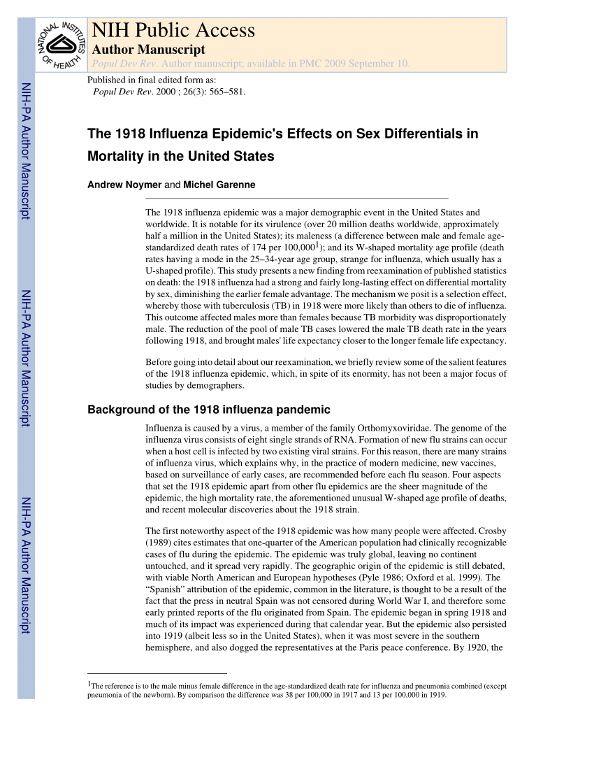 Pdf The 1918 Influenza Epidemics Effects On Sex Differentials In Mortality In The United States 7152
