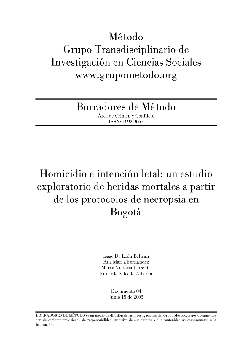 PDF) Homicidio e intención letal: un estudio exploratorio de heridas  mortales a partir de los protocolos de necropsia en Bogotá
