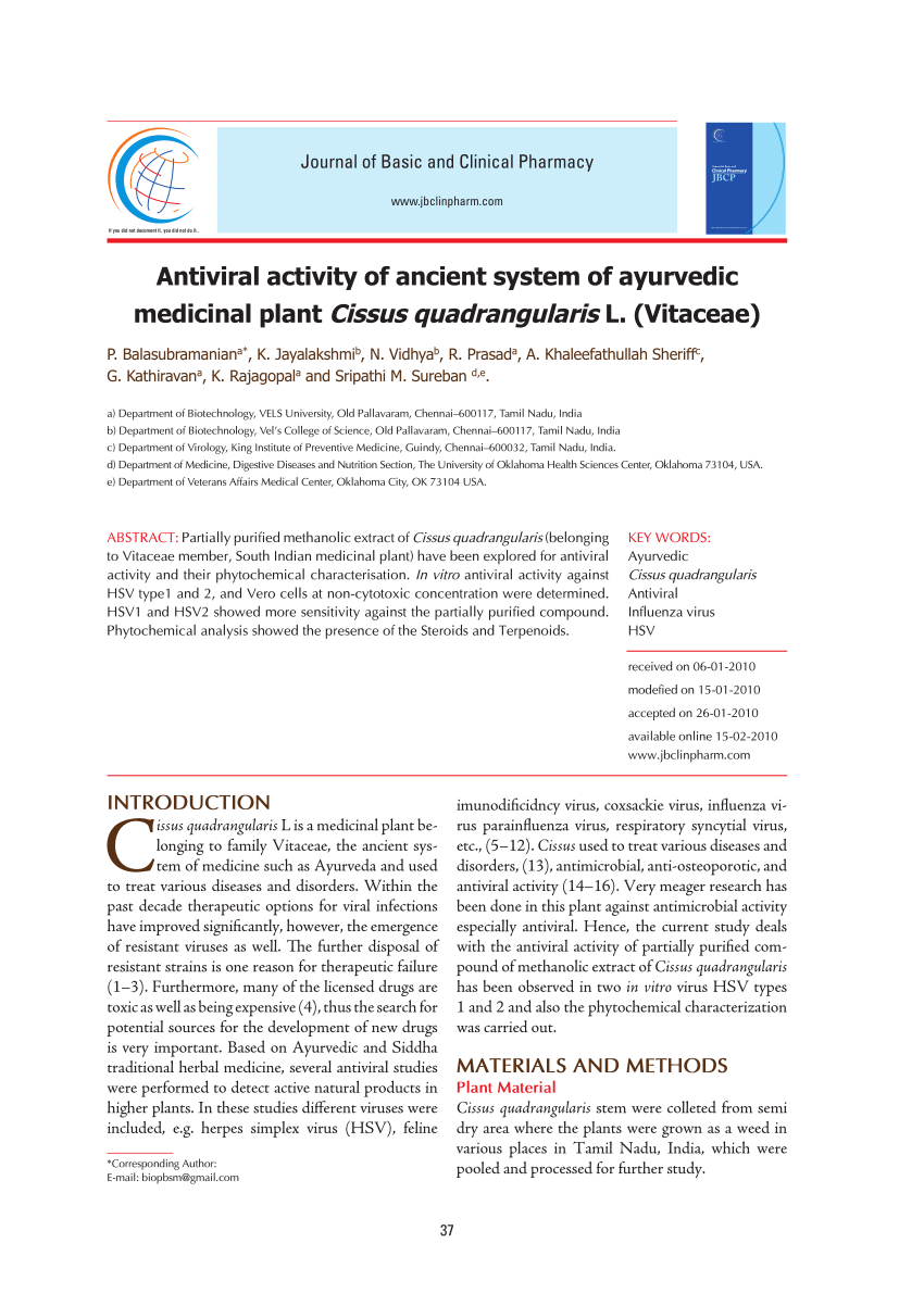 Pdf Antiviral Activity Of Ancient System Of Ayurvedic Medicinal
