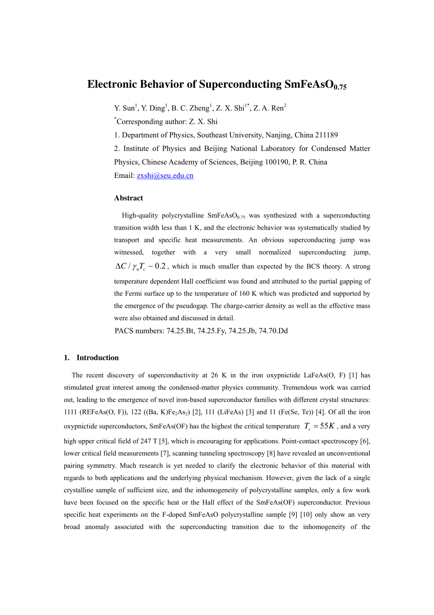 PDF) Electronic Behavior of Superconducting SmFeAsO0.75
