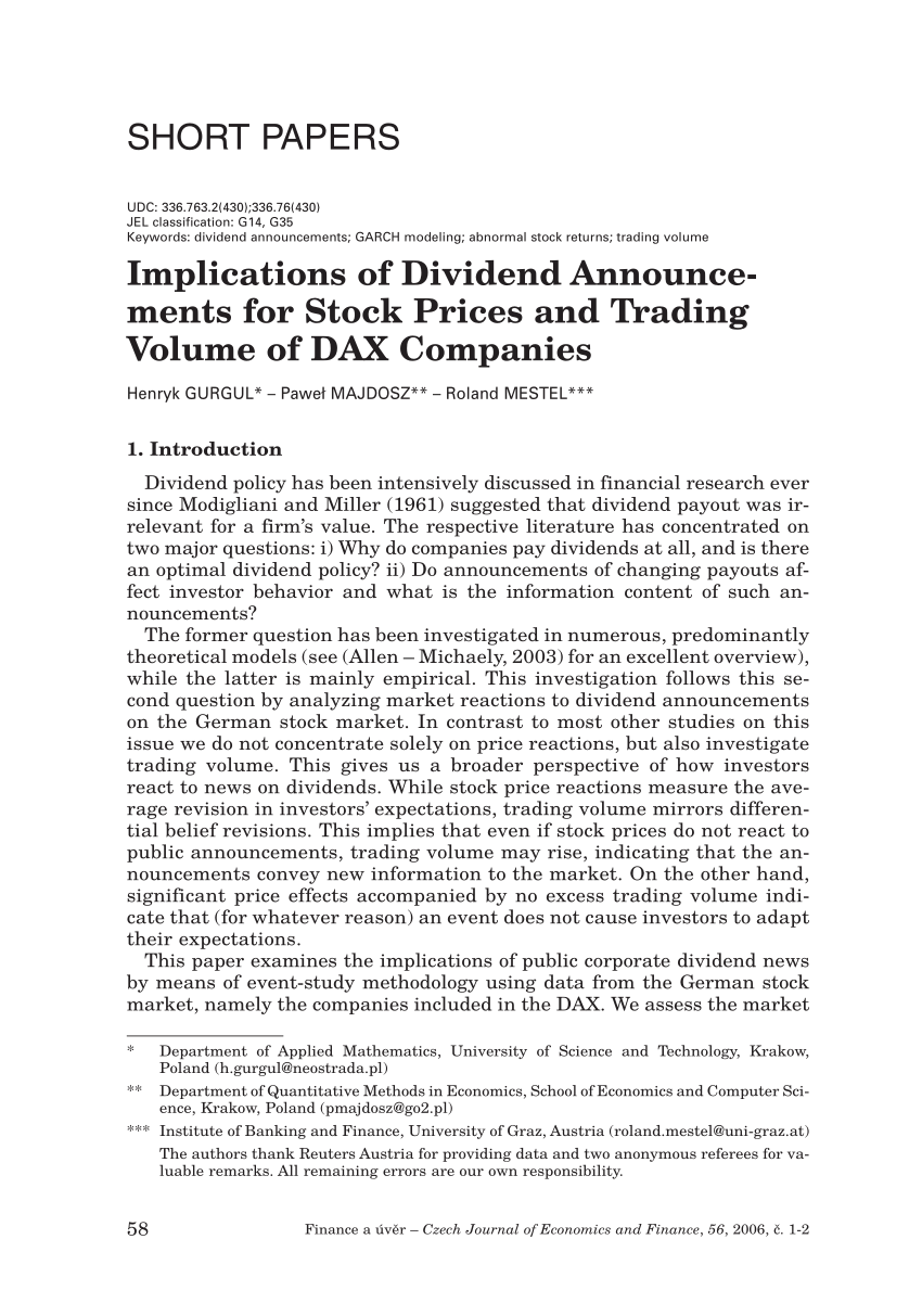 Pdf Implications Of Dividend Announcements For The Stock Prices And Trading Volumes Of Dax Companies In English