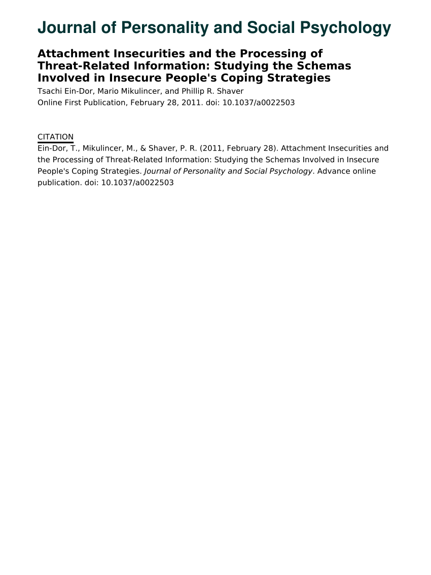 Pdf Attachment Insecurities And The Processing Of Threat Related Information Studying The Schemas Involved In Insecure People S Coping Strategies