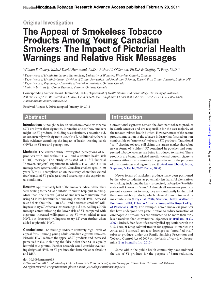 Pdf The Appeal Of Smokeless Tobacco Products Among Young Canadian Smokers The Impact Of Pictorial Health Warnings And Relative Risk Messages