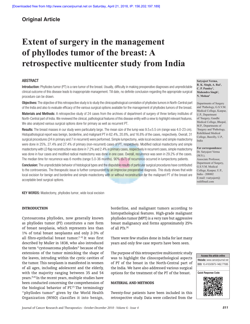PDF) Extent of surgery in the management of phyllodes tumor of the ...