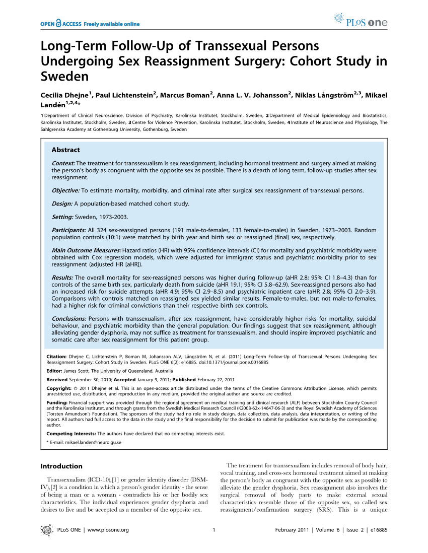 PDF) Long-Term Follow-Up of Transsexual Persons Undergoing Sex Reassignment  Surgery: Cohort Study in Sweden