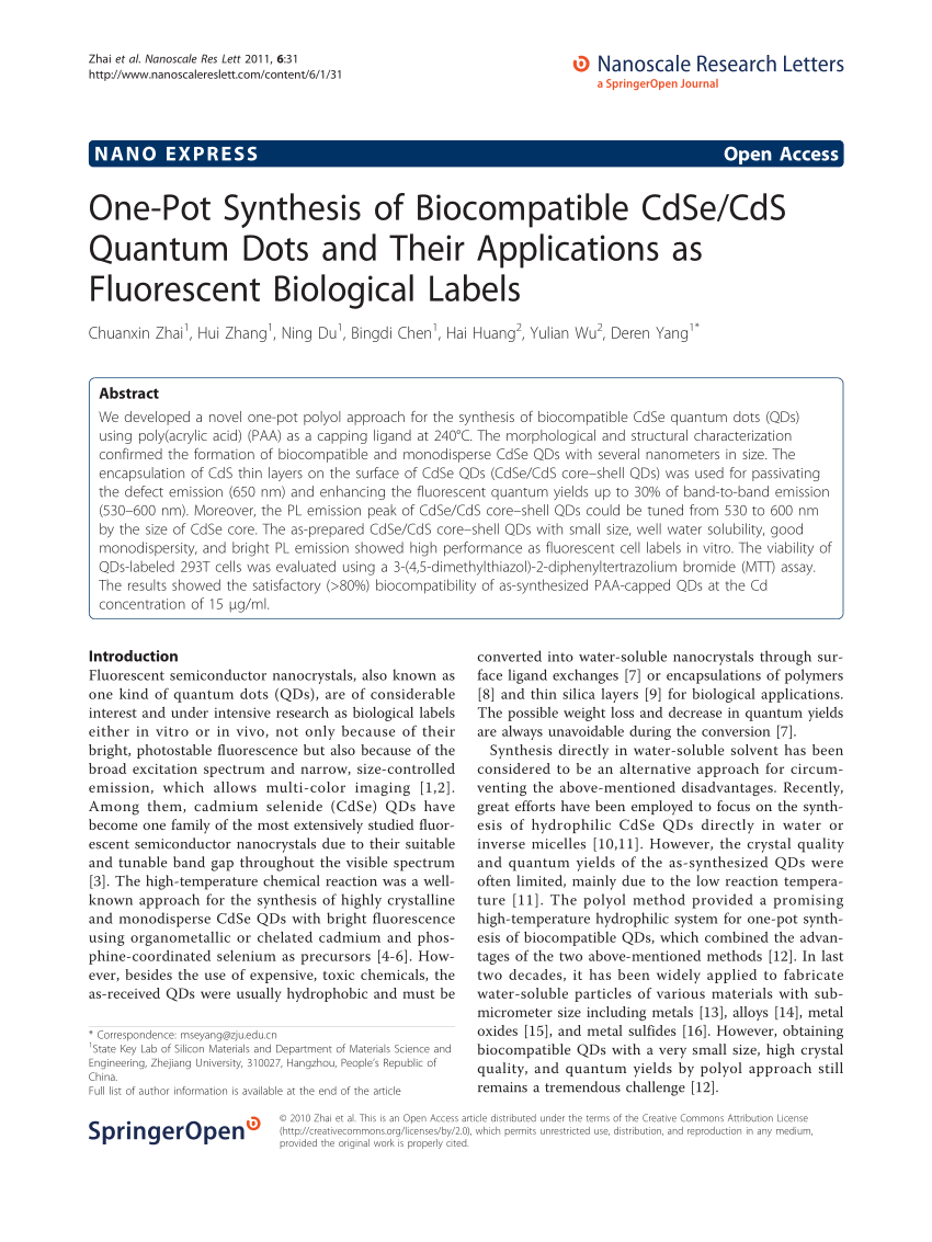 Pdf One Pot Synthesis Of Biocompatible Cdsecds Quantum Dots And Their Applications As 1077