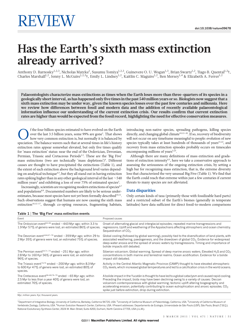 Pdf Has The Earth S Sixth Mass Extinction Already Arrived Nature