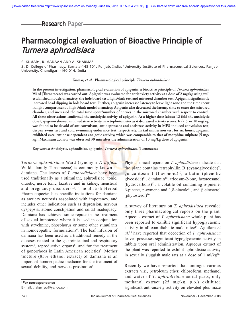 PDF Pharmacological evaluation of Bioactive Principle of Turnera