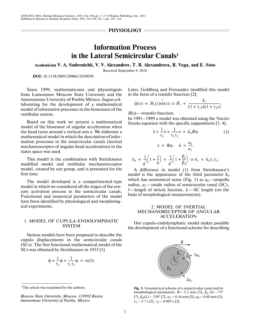 Pdf Information Process In The Lateral Semicircular Canals