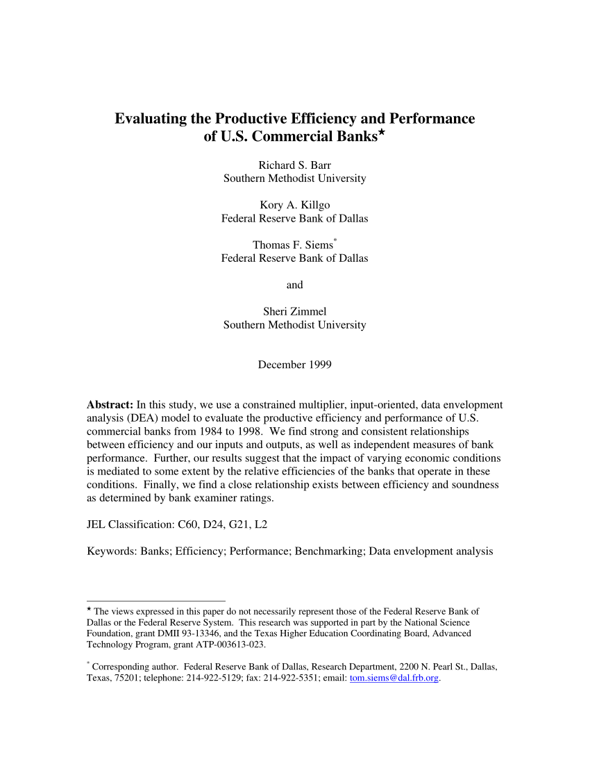 PDF) Evaluating the Productive Efficiency and Performance of U.S.  Commercial Banks
