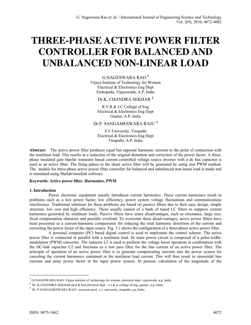 PDF) THREE-PHASE POWER FILTER CONTROLLER BALANCED AND UNBALANCED NON-LINEAR