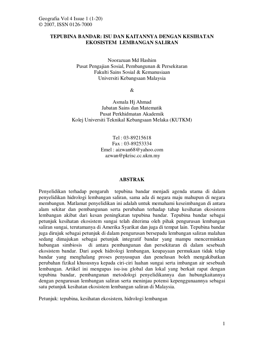 Pdf Tepubina Bandar Isu Dan Kaitannya Dengan Kesihatan Ekosistem Lembangan Saliran