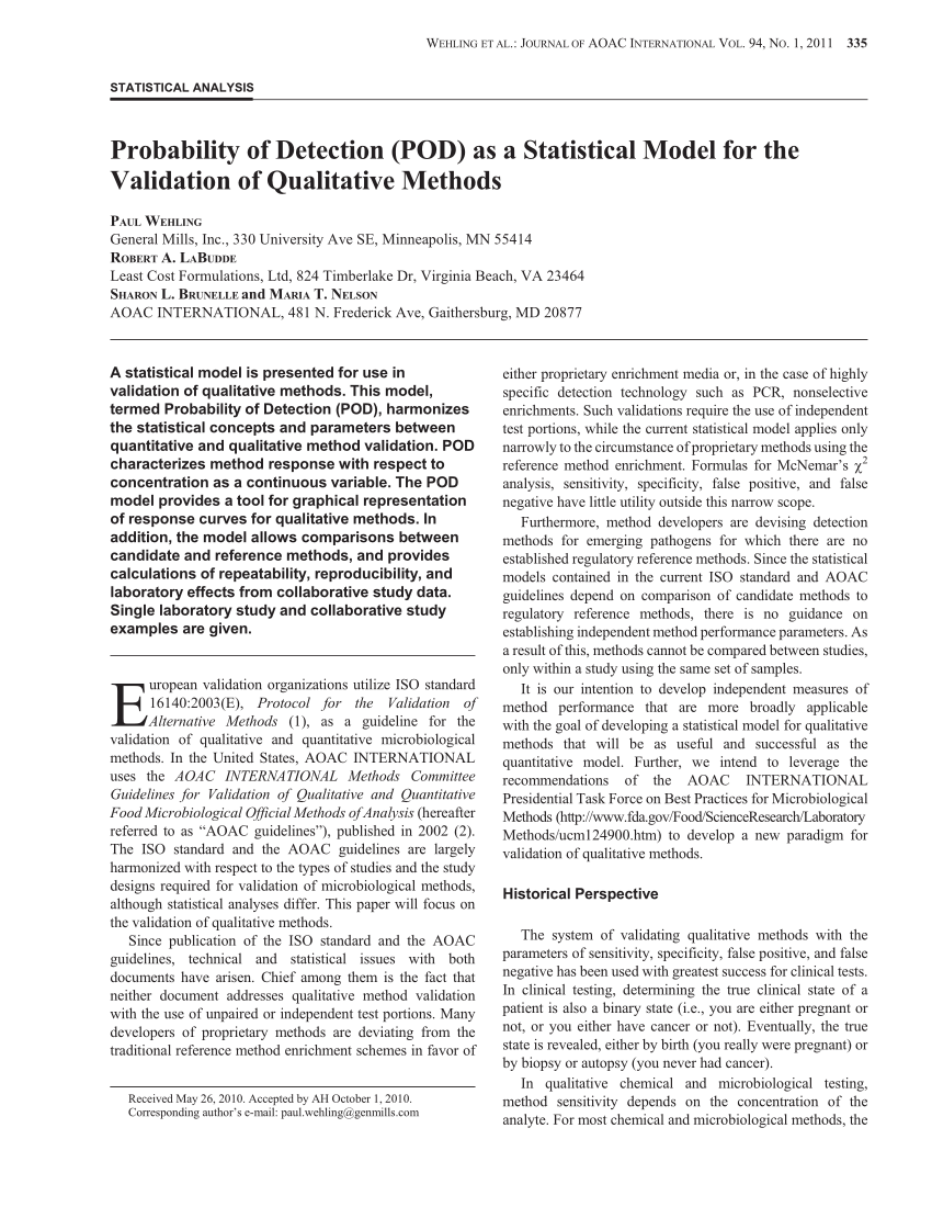 Pdf Probability Of Detection Pod As A Statistical Model For The Validation Of Qualitative Methods
