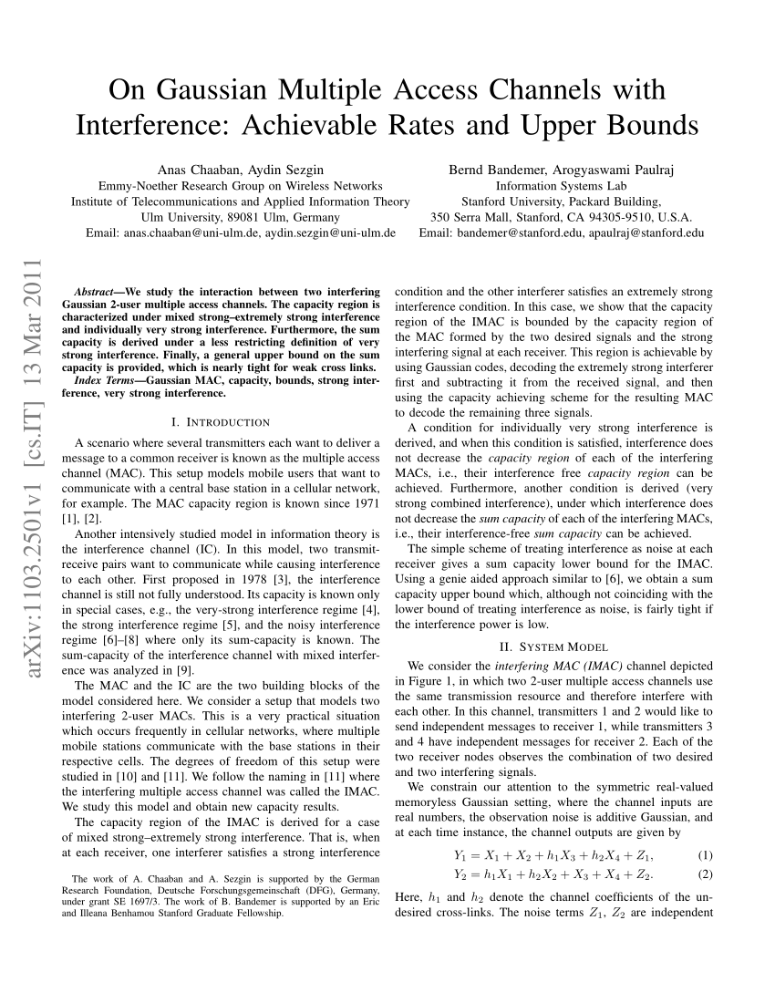 Pdf On Gaussian Multiple Access Channels With Interference Achievable Rates And Upper Bounds
