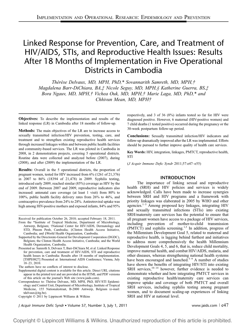 PDF) Linked Response for Prevention, Care, and Treatment of HIV/AIDS, STIs,  and Reproductive Health Issues: Results After 18 Months of Implementation  in Five Operational Districts in Cambodia