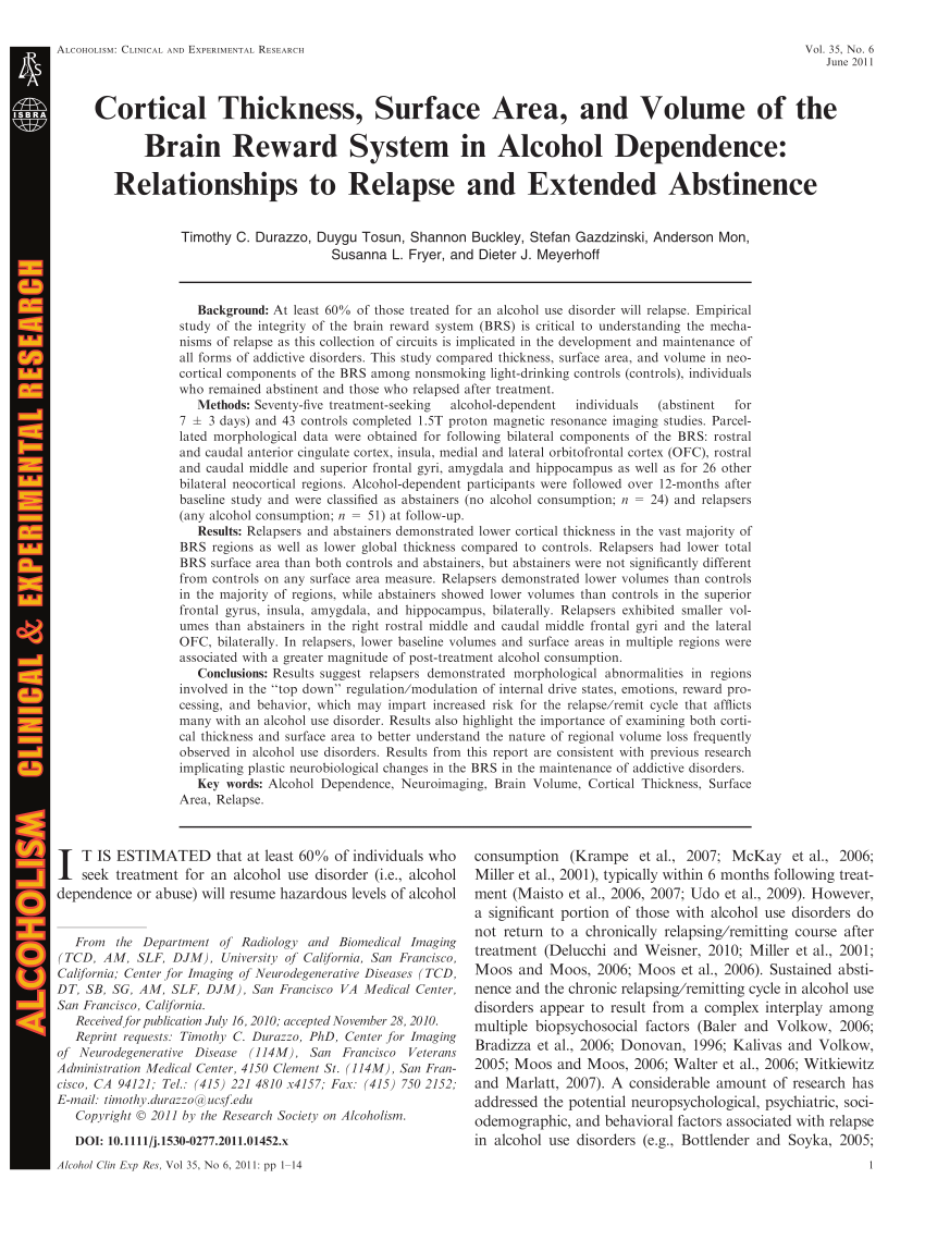 Pdf Cortical Thickness Surface Area And Volume Of The Brain - pdf cortical thickness surface area and volume of the brain reward system in alcohol dependence relationships to relapse and extended abstinence