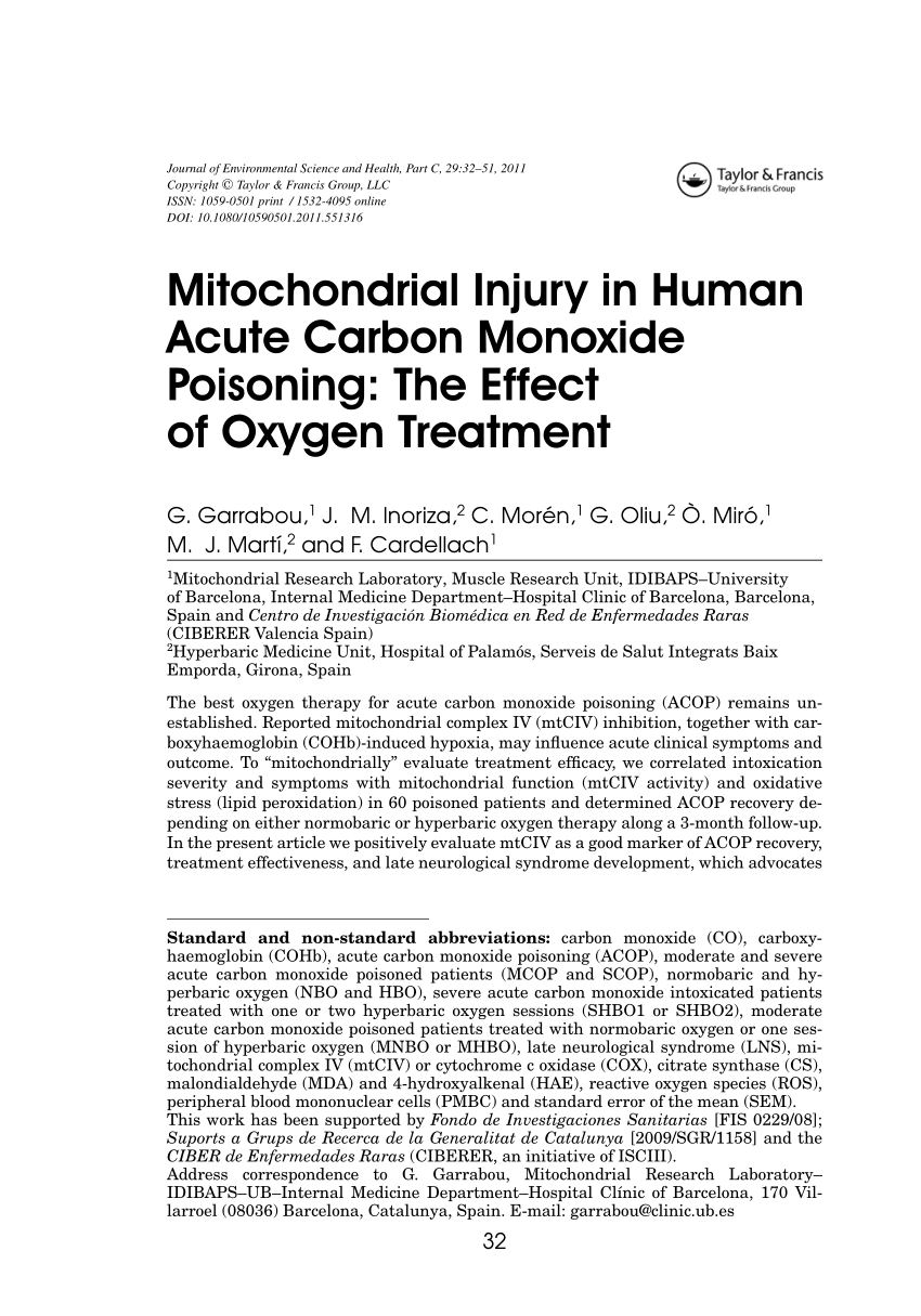 Pdf Mitochondrial Injury In Human Acute Carbon Monoxide Poisoning The Effect Of Oxygen Treatment