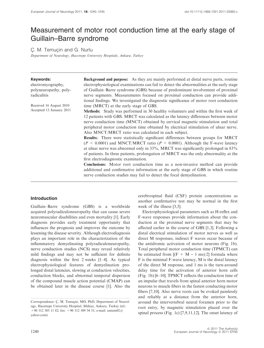 Pdf Measurement Of Motor Root Conduction Time At The Early Stage Of Guillain Barre Syndrome