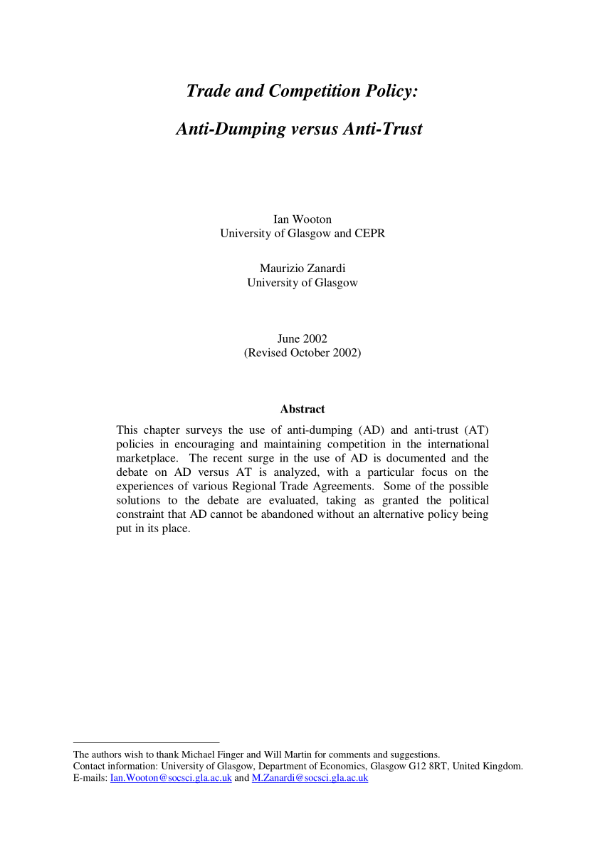 (PDF) Trade and Competition Policy: Anti-Dumping versus Anti-Trust 1