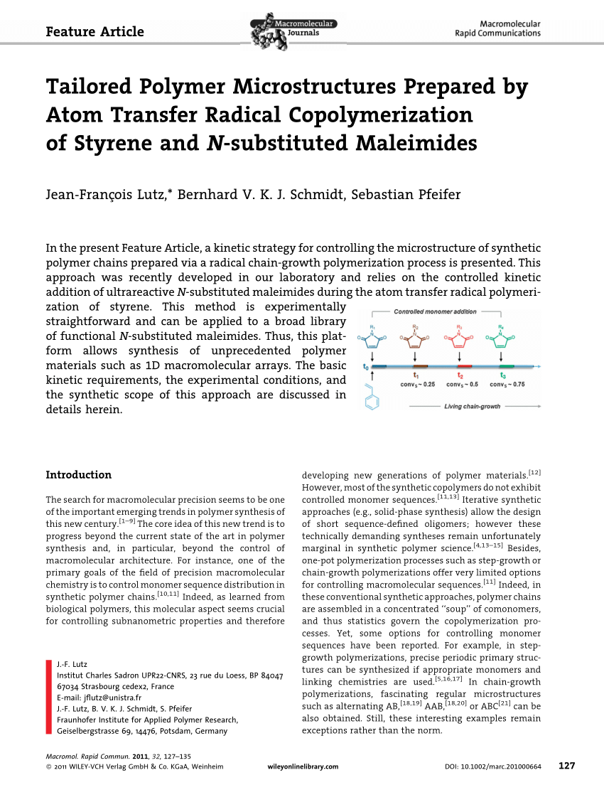 Pdf Tailored Polymer Microstructures Prepared By Atom Transfer Radical Copolymerization Of Styrene And N Substituted Maleimides