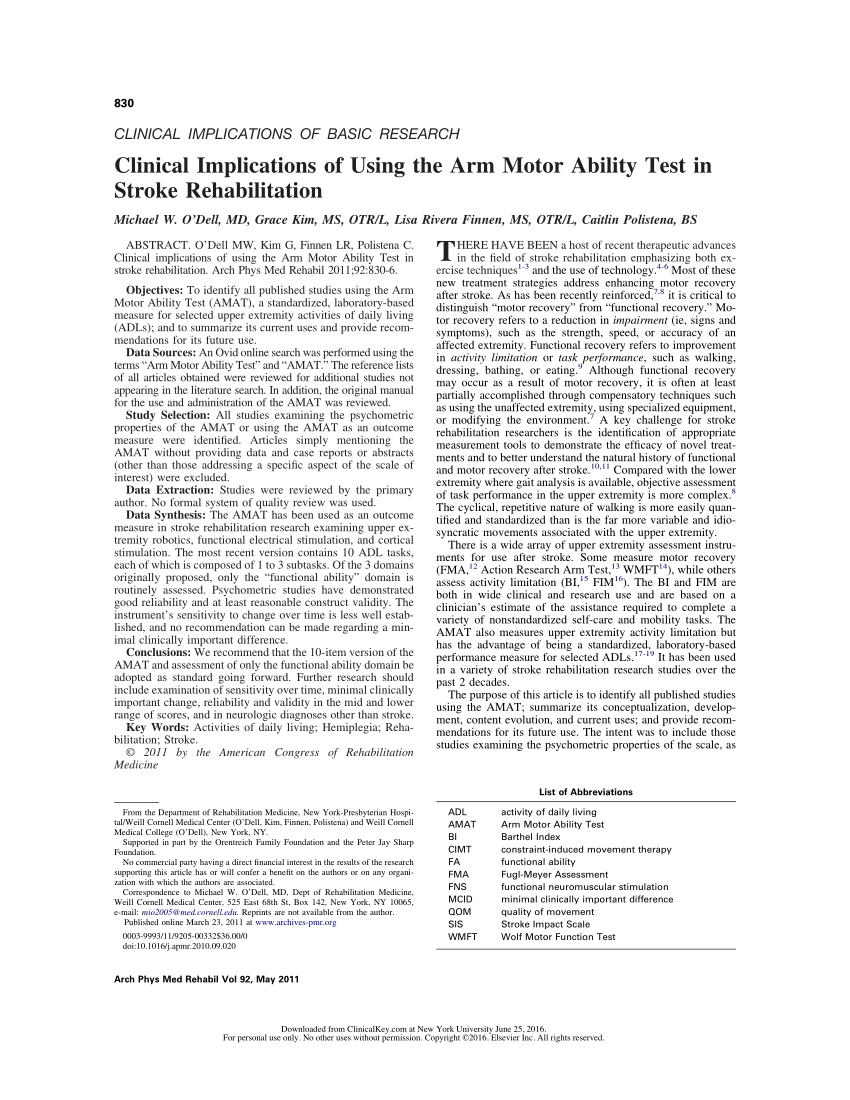  PDF Clinical Implications of Using the Arm  Motor  Ability  