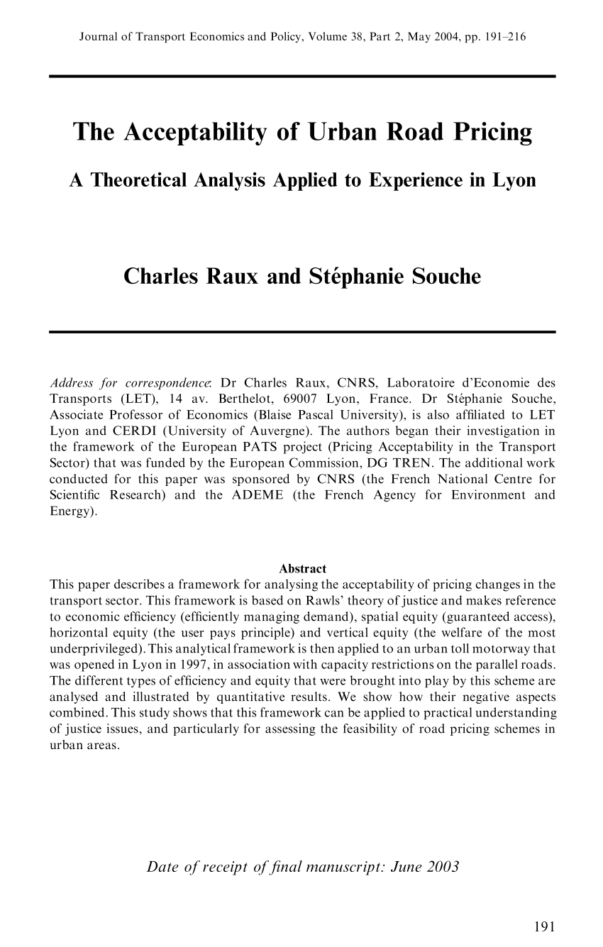 Pdf The Acceptability Of Urban Road Pricing A Theoretical Analysis Applied To Experience In Lyon