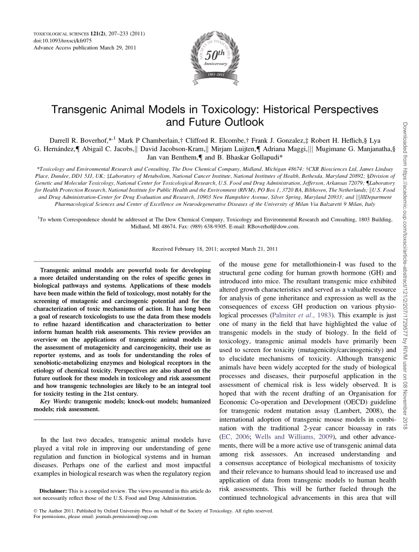 Pdf Transgenic Animal Models In Toxicology Historical Perspectives And Future Outlook
