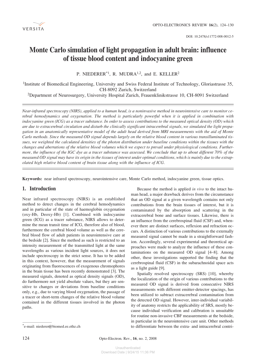 Pdf Monte Carlo Simulation Of Light Propagation In Adult Brain Influence Of Tissue Blood Content And Indocyanine Green