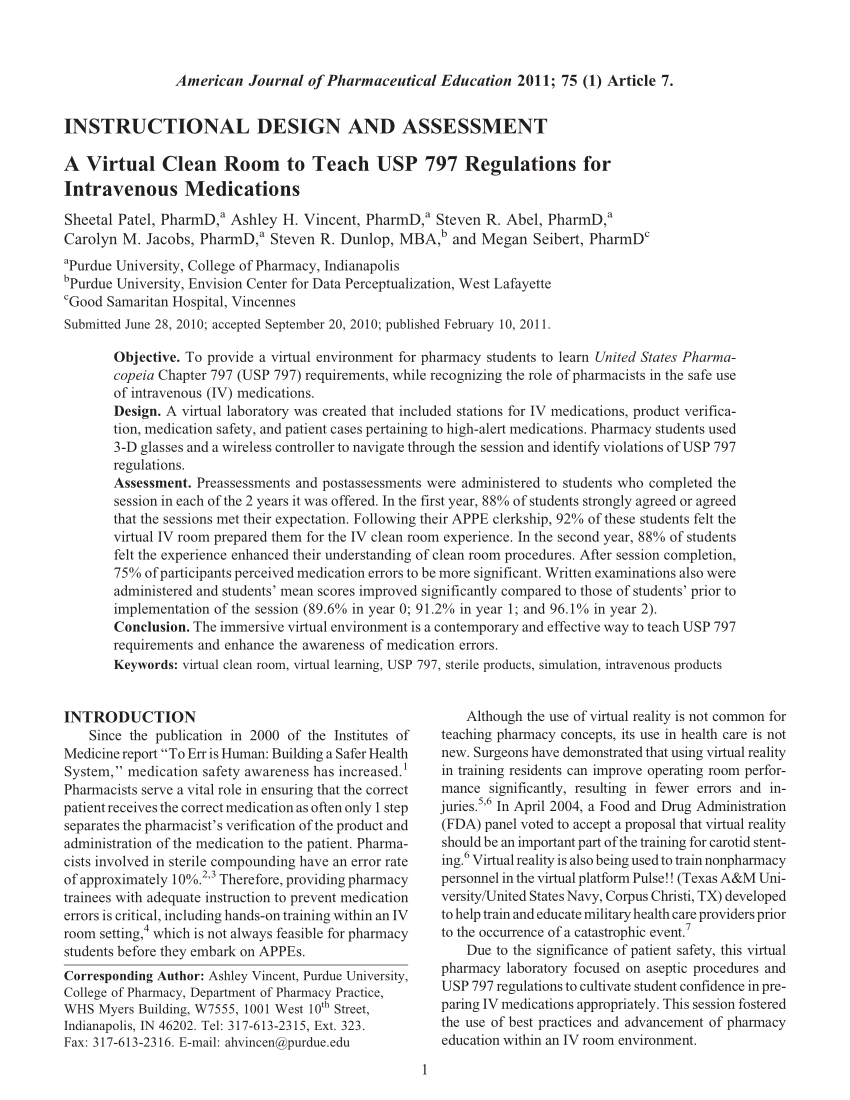 (PDF) A Virtual Clean Room to Teach USP 797 Regulations for Intravenous