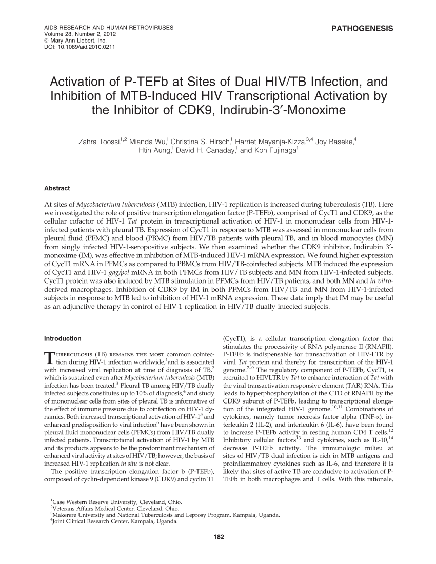 Pdf Activation Of P Tefb At Sites Of Dual Hiv Tb Infection And Inhibition Of Mtb Induced Hiv Transcriptional Activation By The Inhibitor Of Cdk9 Indirubin 3 Monoxime