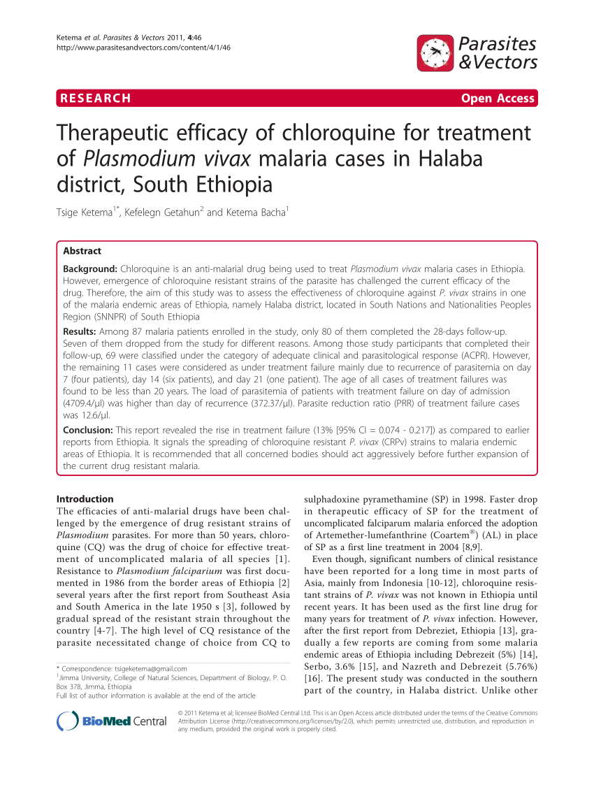 PDF) Therapeutic efficacy of chloroquine for treatment of Plasmodium vivax malaria cases in Halaba district, South Ethiopia