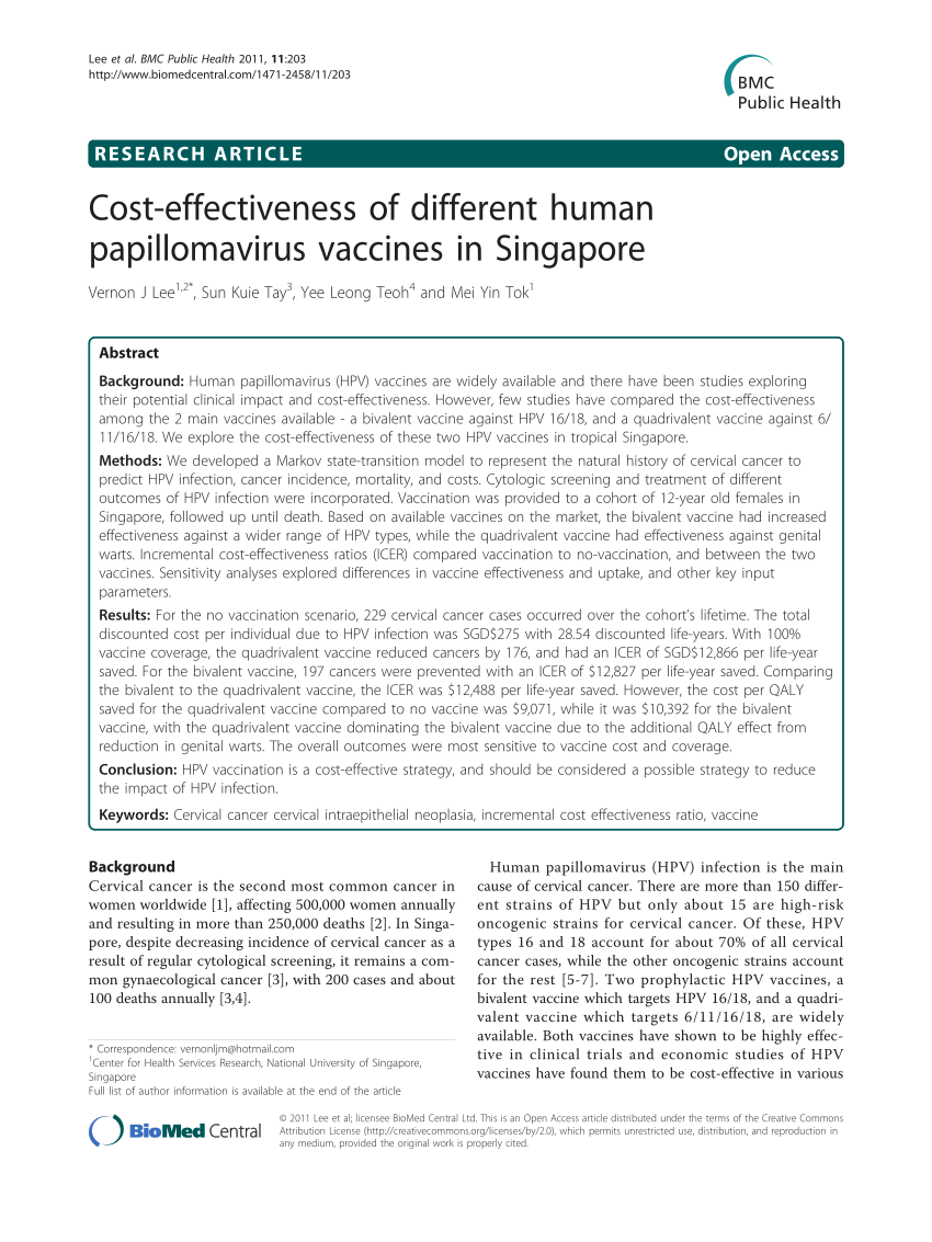 Pdf Cost Effectiveness Of Different Human Papillomavirus Vaccines In Singapore