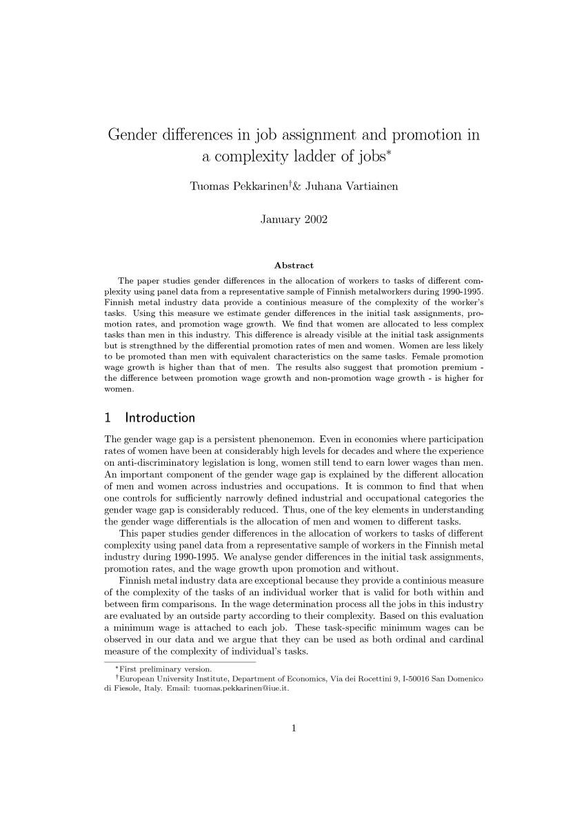 Pdf Gender Differences In Job Assignment And Promotion In A Complexity Ladder Of Jobs