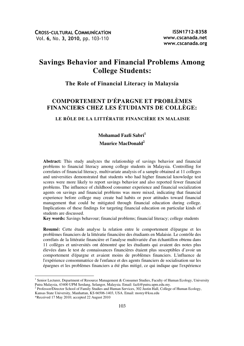 (PDF) Savings Behavior and Financial Problems among 