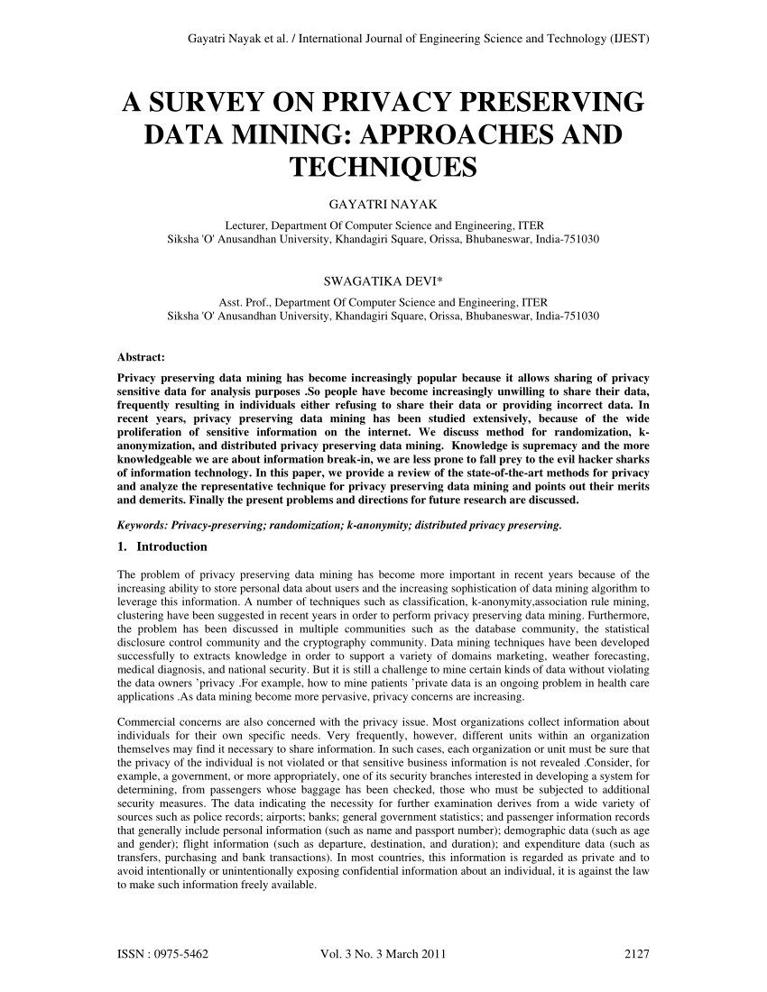 Pdf A Survey On Privacy Preserving Data Mining Approaches And Techniques