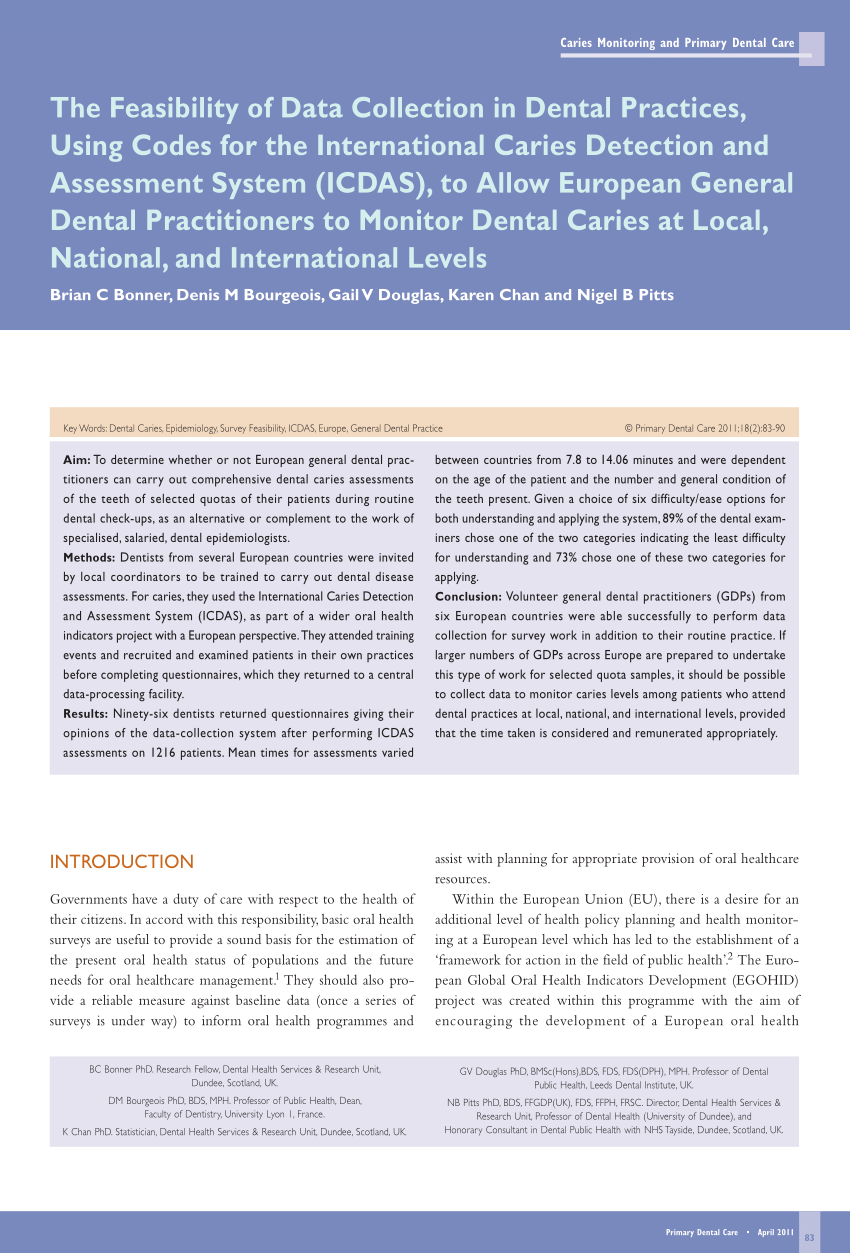 Pdf The Feasibility Of Data Collection In Dental Practices Using Codes For The International Caries Detection And Assessment System Icdas To Allow European General Dental Practitioners To Monitor Dental Caries At Local