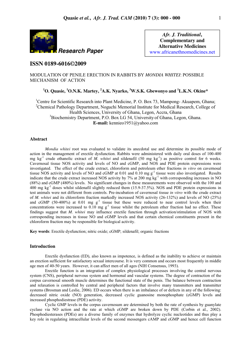 PDF Modulation of Penile Erection in Rabbits by Mondia Whitei